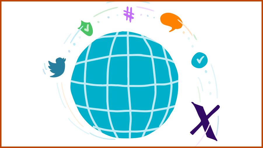 Blue globe with latitude and longitude lines, surrounded by icons like Twitter, checkmarks, speech bubble, hashtag, and airplane, connected by dotted lines. 