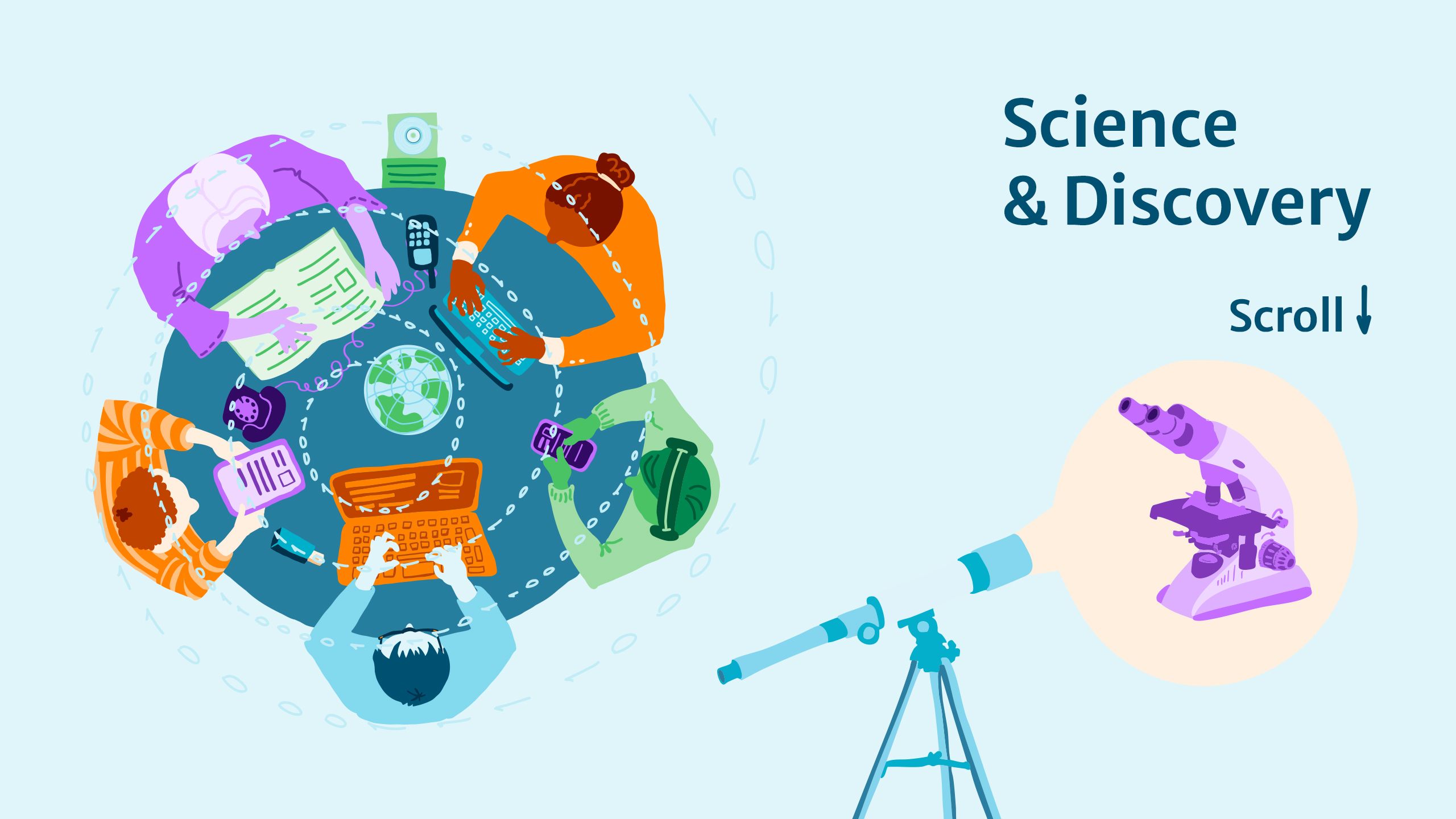 Top view of people working with tech devices around a table, telescope pointing to microscope, text reads Science & Discovery. 