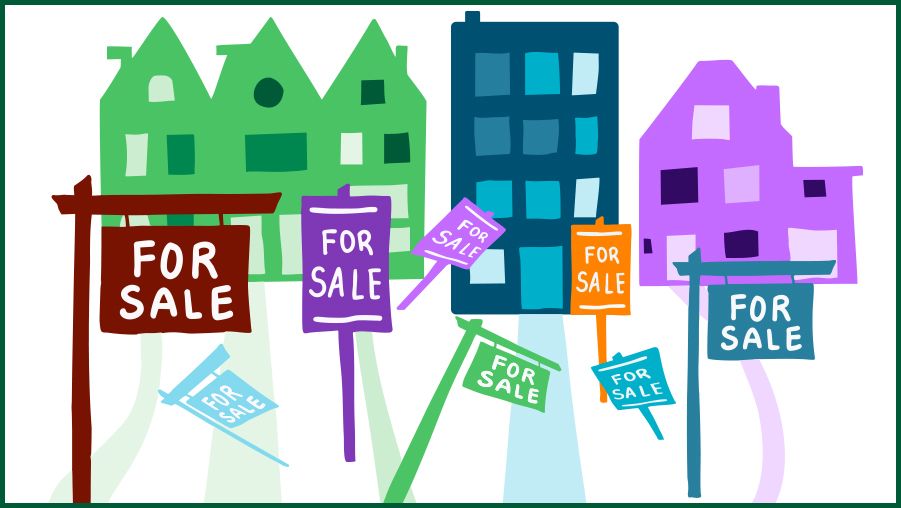 Illustration of green and blue buildings in the background with multiple “For Sale” signs in the foreground. The signs are in various colors, including brown, purple, orange, green, and light blue, representing a housing market with many properties listed for sale.