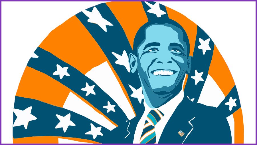 Stylized illustration of a Barack Obama, The background features bold orange and blue rays with white stars, creating a patriotic them