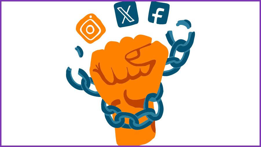 Illustration of an orange clenched fist breaking free from dark blue chains. Above the fist are three social media icons: Instagram (orange), X (blue), and Facebook (blue), symbolizing liberation from social media constraints.