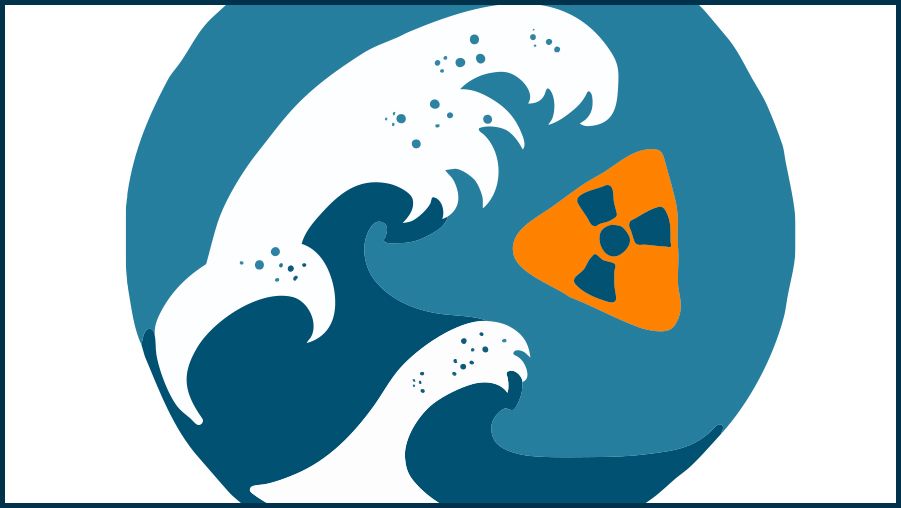 Circular illustration showing two large ocean waves in white and dark blue against a teal background. Near the waves is an orange triangular warning sign with a black radiation symbol, suggesting a theme of nuclear contamination in water.
