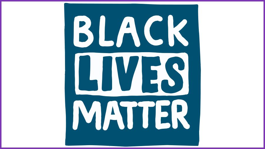 Square graphic with a dark blue background and bold white text that reads “BLACK LIVES MATTER.” The word “LIVES” is highlighted with a white rectangle around it, creating emphasis within the design.