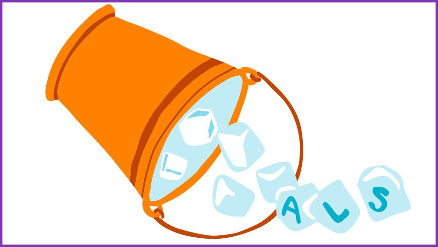 Illustration of an orange bucket tipped over, spilling several light blue ice cubes. Some of the ice cubes have letters on them that spell out “ALS,” referencing the ALS Ice Bucket Challenge.