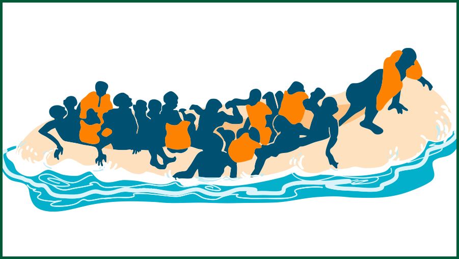 Illustration of a crowded inflatable boat on water carrying many silhouetted figures wearing bright orange life jackets. The scene suggests a group of people in a migration or refugee context at sea.