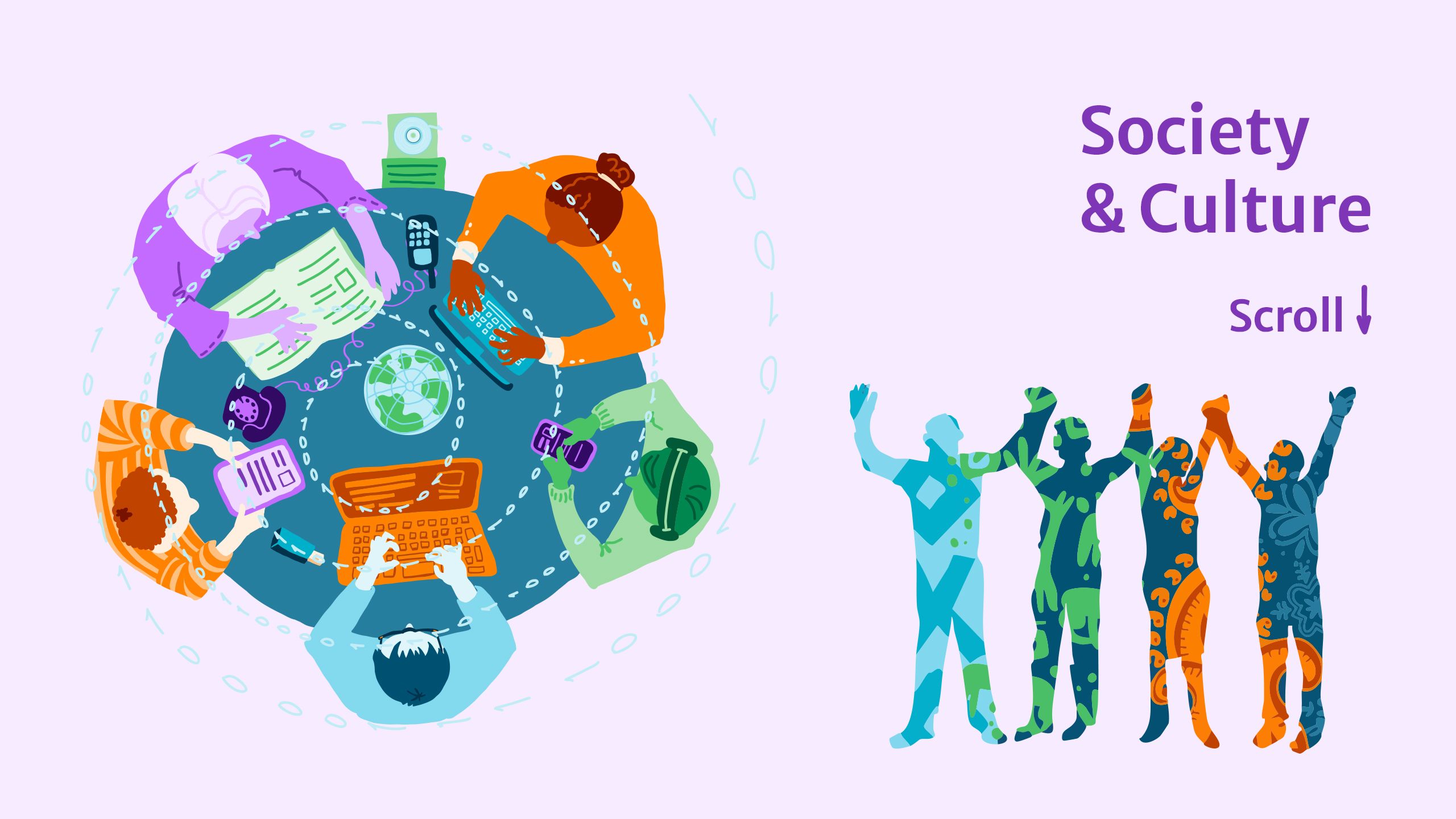 Top view of people working around a table with tech devices, silhouettes raising arms, text reads Society & Culture.