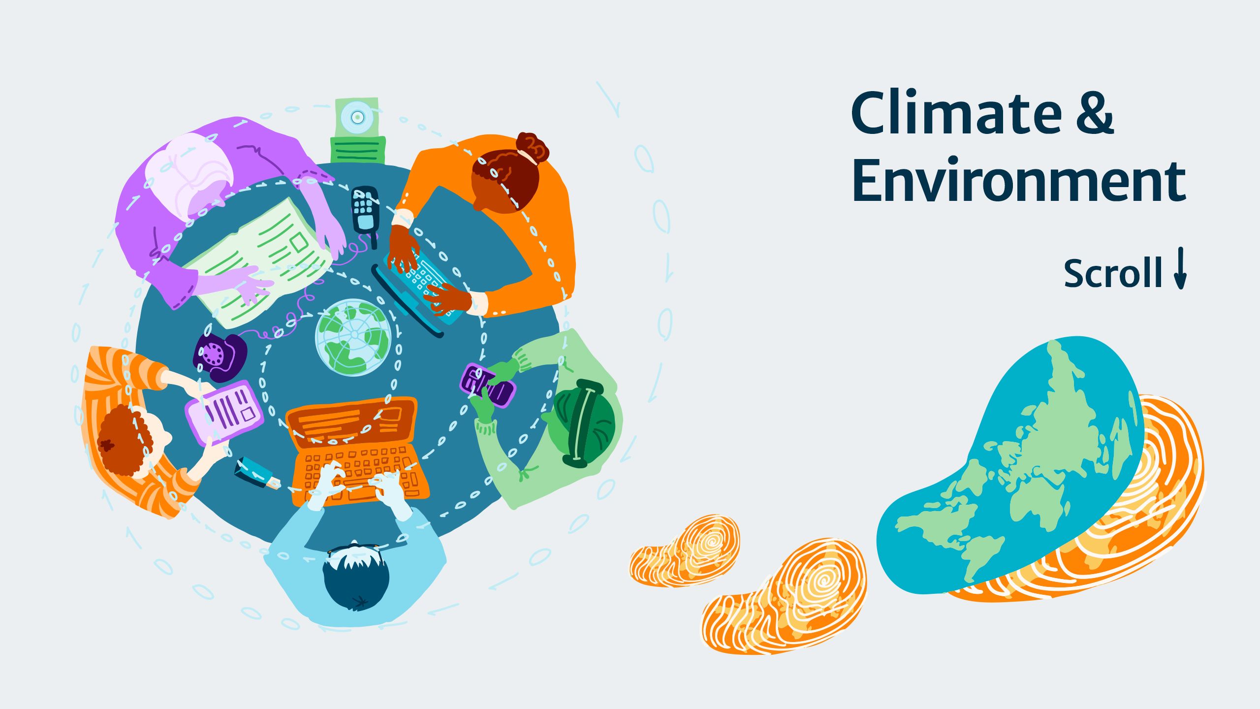 Top view of people working around a table with tech devices, tree rings and world map, text reads Climate & Environment. 