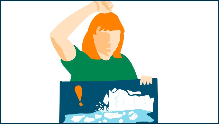 Illustration of a person with orange hair wearing a light blue shirt, raising one arm. In front of the person is a block of ice floating in dark blue water, with smaller ice pieces breaking off. A triangular orange warning sign with a melting ice symbol is placed on the ice, representing climate change and melting polar ice.
