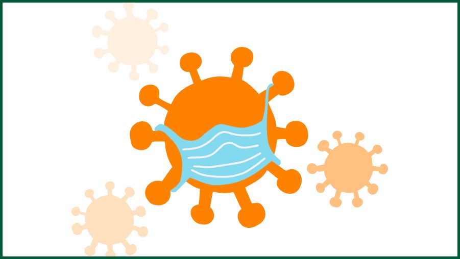 Illustration of an orange virus particle with protruding spikes, resembling the shape of the coronavirus. The central virus is wearing a light blue surgical mask. Three smaller virus particles in lighter orange shades appear in the background, symbolizing the COVID-19 pandemic.