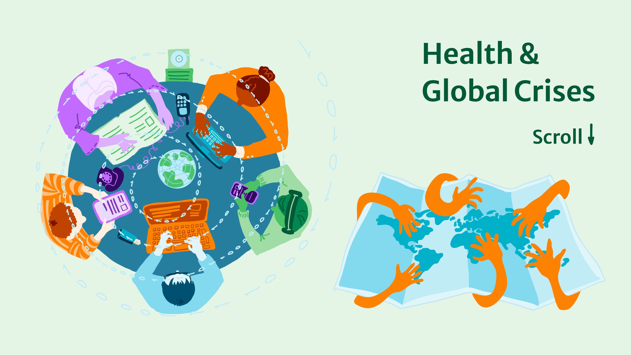 Top view of people working around a table with tech devices, arms reaching toward a world map, text reads Health & Global Crise
