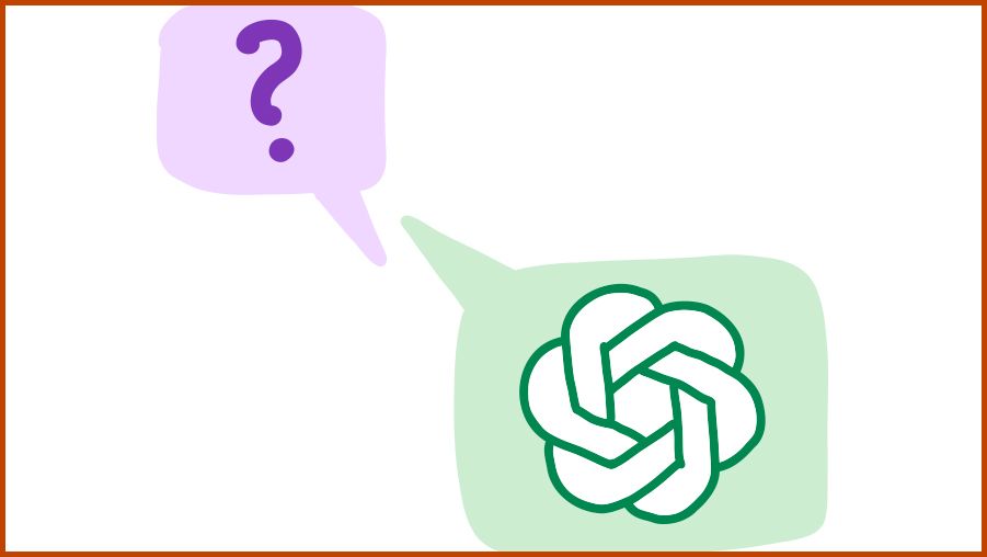 Two speech bubbles on a white background. The left bubble is purple with a large dark purple question mark inside. The right bubble is light green and contains the OpenAI logo, which is a green geometric knot-like design.