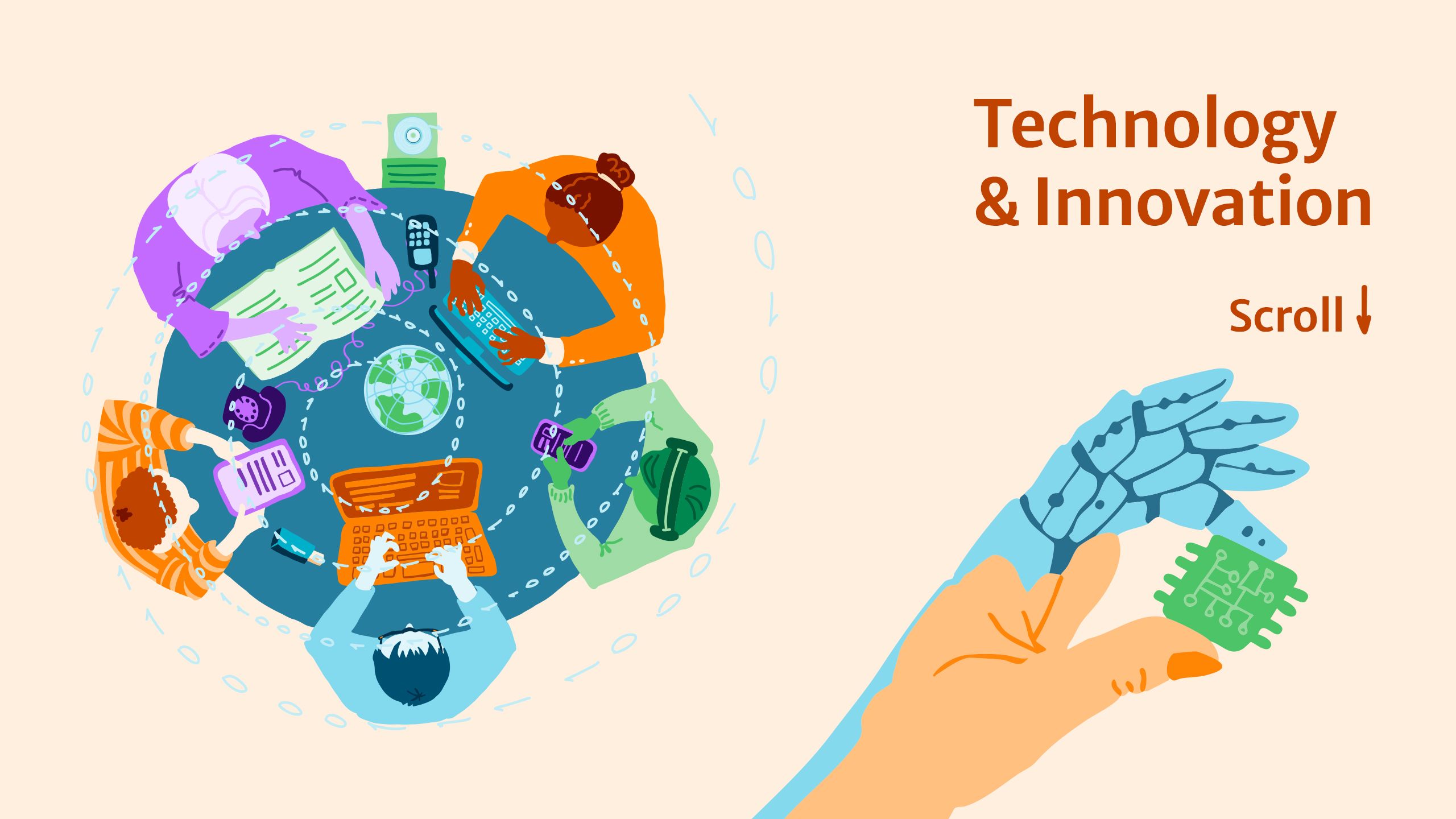 Top view of people working around a table with tech devices, robotic hand holding microchip, text reads Technology & Innovation.