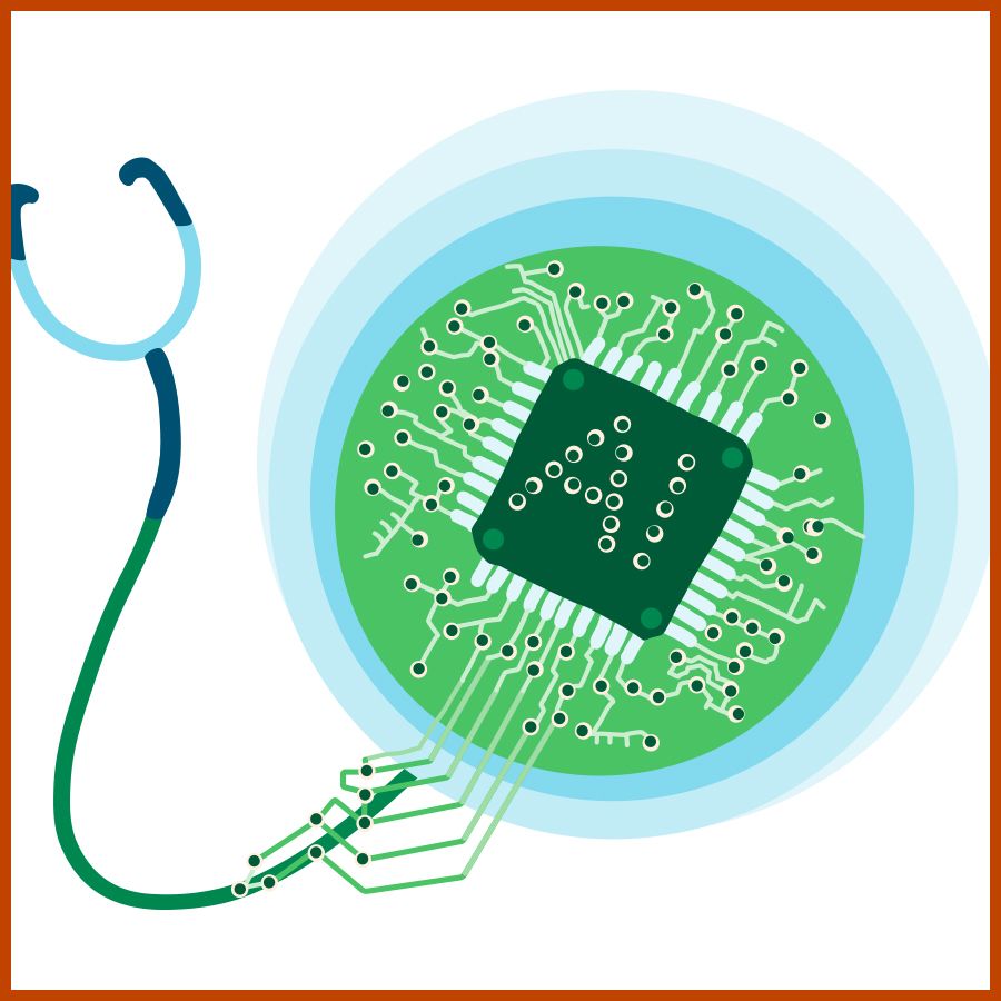 Illustration of a stethoscope connected to a green microchip labeled “AI” with circuit lines radiating outward, symbolizing artificial intelligence in healthcare technology.