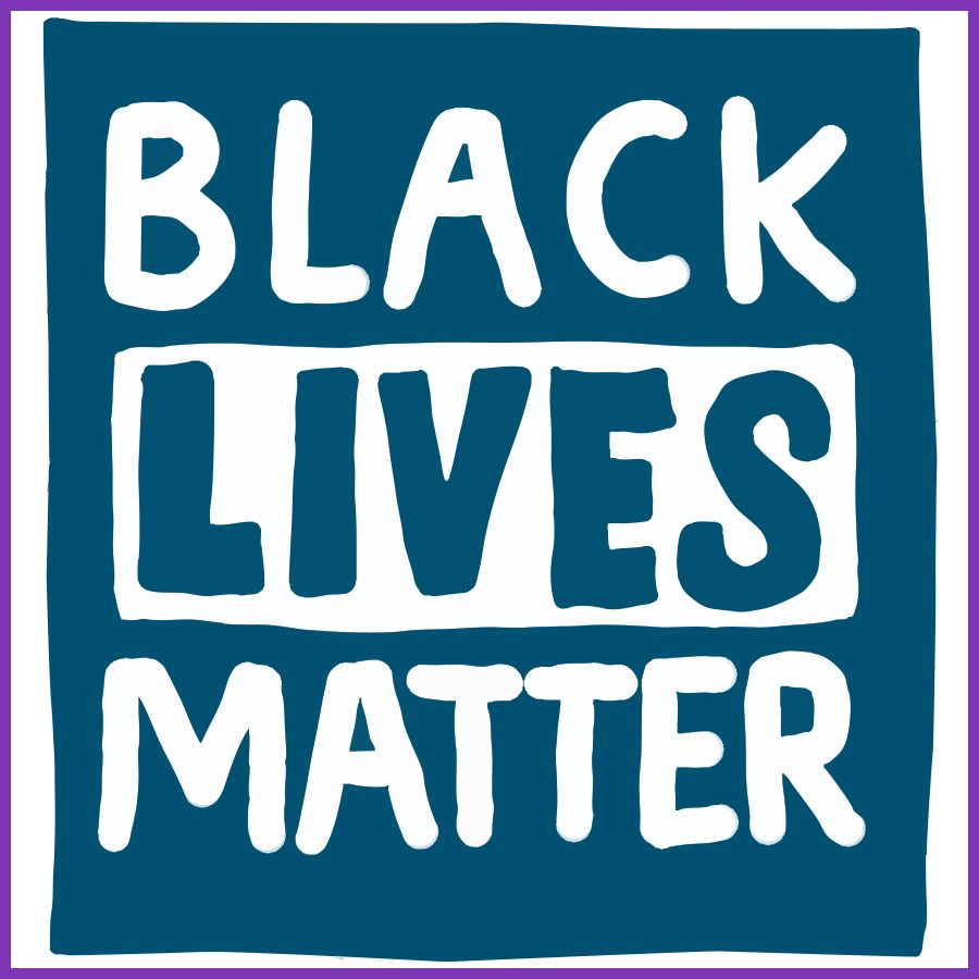 Square graphic with a dark blue background and bold white text that reads “BLACK LIVES MATTER.” The word “LIVES” is highlighted with a white rectangle around it, creating emphasis within the design.