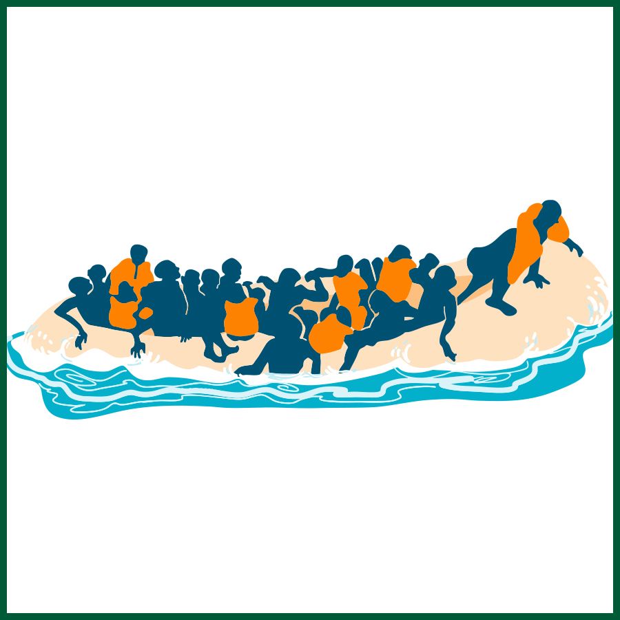 Illustration of a crowded inflatable boat on water carrying many silhouetted figures wearing bright orange life jackets. The scene suggests a group of people in a migration or refugee context at sea.