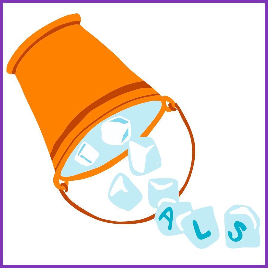 Illustration of an orange bucket tipped over, spilling several light blue ice cubes. Some of the ice cubes have letters on them that spell out “ALS,” referencing the ALS Ice Bucket Challenge.