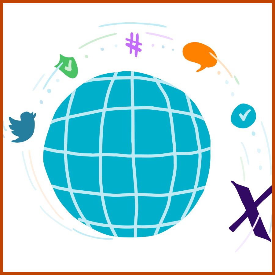 Blue globe with latitude and longitude lines, surrounded by icons like Twitter, checkmarks, speech bubble, hashtag, and airplane, connected by dotted lines.