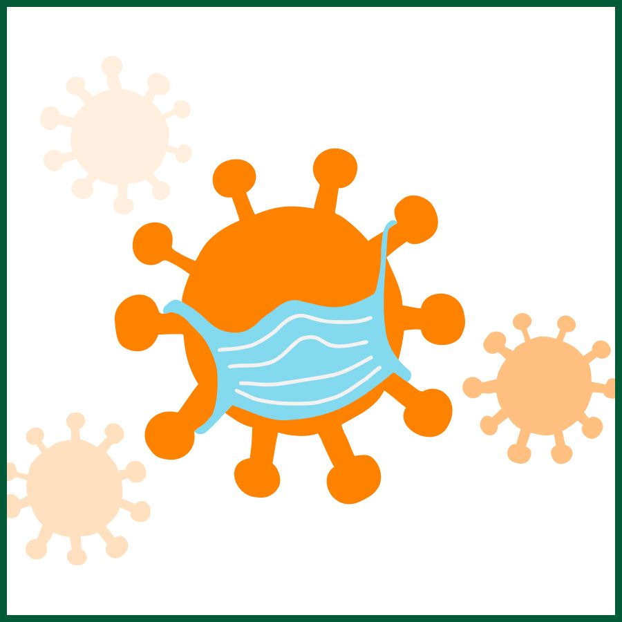 Illustration of an orange virus particle with protruding spikes, resembling the shape of the coronavirus. The central virus is wearing a light blue surgical mask. Three smaller virus particles in lighter orange shades appear in the background, symbolizing the COVID-19 pandemic.