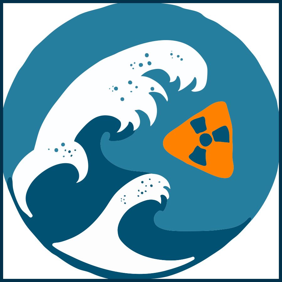 Circular illustration showing two large ocean waves in white and dark blue against a teal background. Near the waves is an orange triangular warning sign with a black radiation symbol, suggesting a theme of nuclear contamination in water.