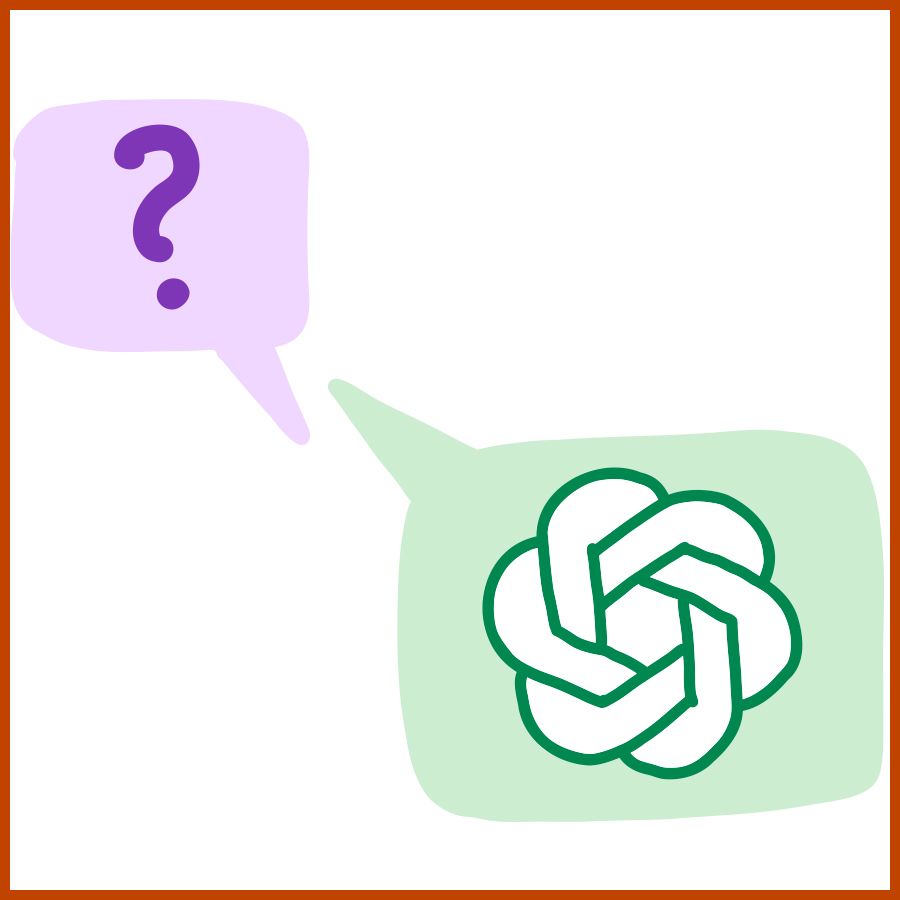 Two speech bubbles on a white background. The left bubble is purple with a large dark purple question mark inside. The right bubble is light green and contains the OpenAI logo, which is a green geometric knot-like design.