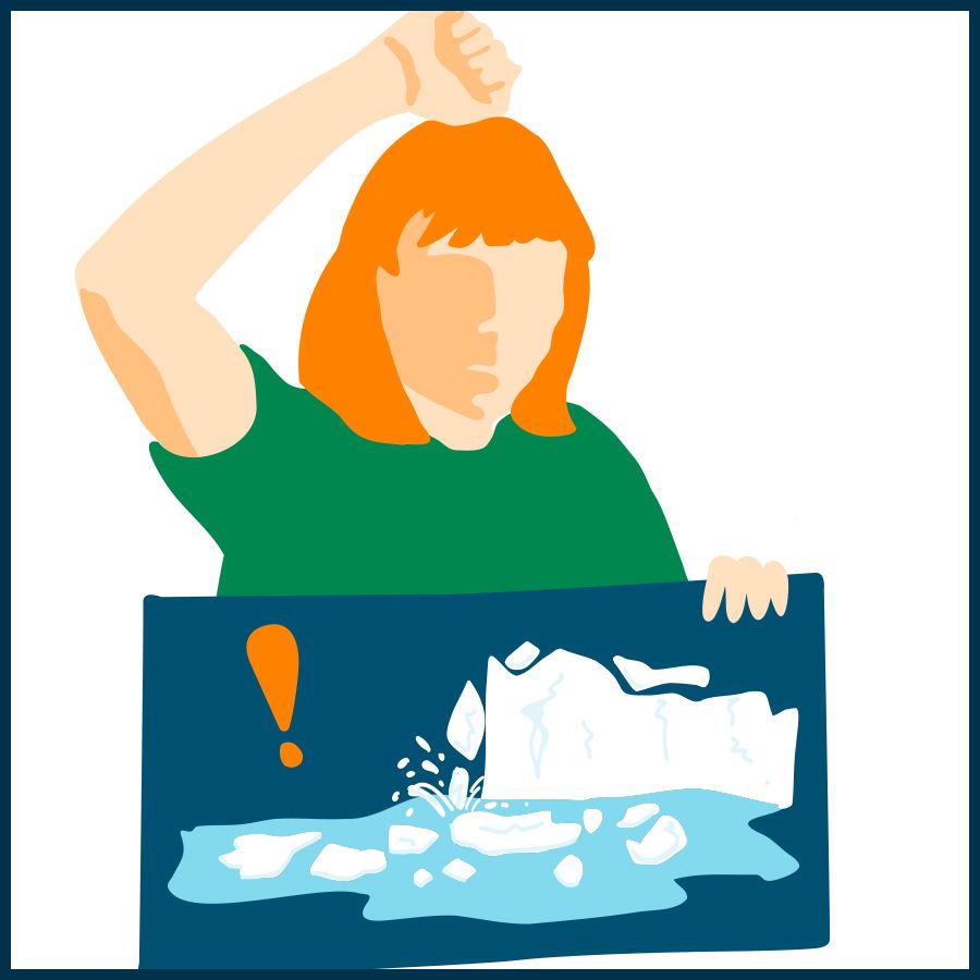 Illustration of a person with orange hair wearing a light blue shirt, raising one arm. In front of the person is a block of ice floating in dark blue water, with smaller ice pieces breaking off. A triangular orange warning sign with a melting ice symbol is placed on the ice, representing climate change and melting polar ice.