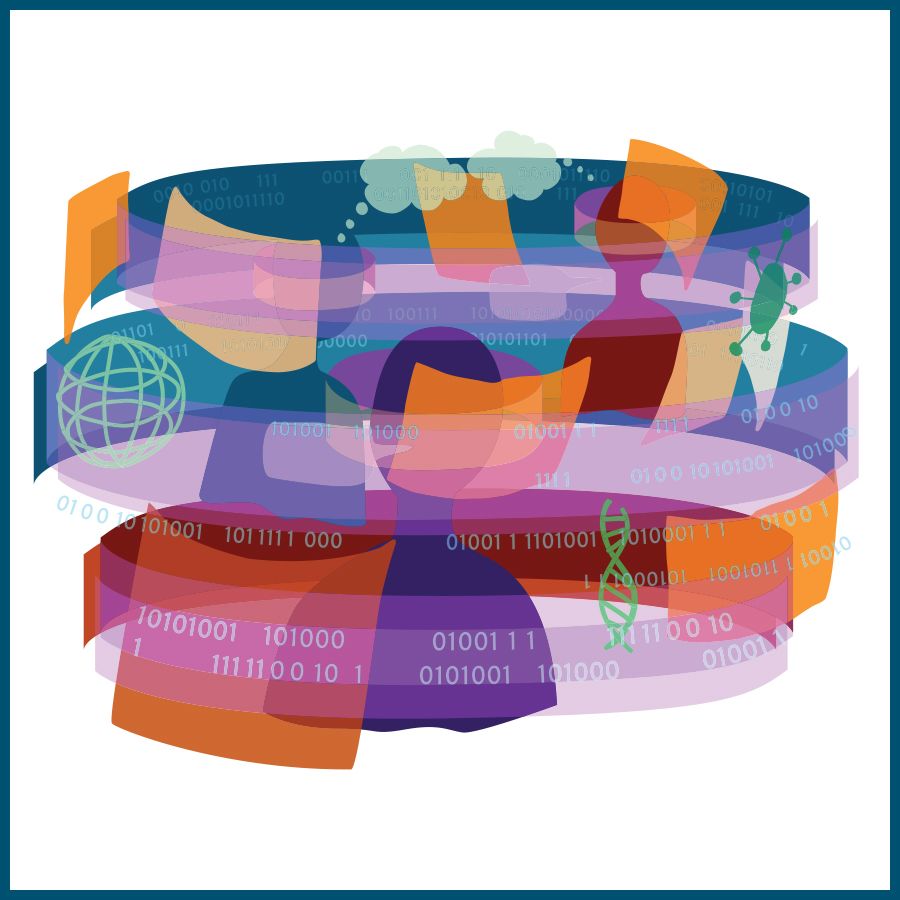 Illustration graphic of human silhouettes with layered ribbons of binary code and science icons, symbolizing data and technology.