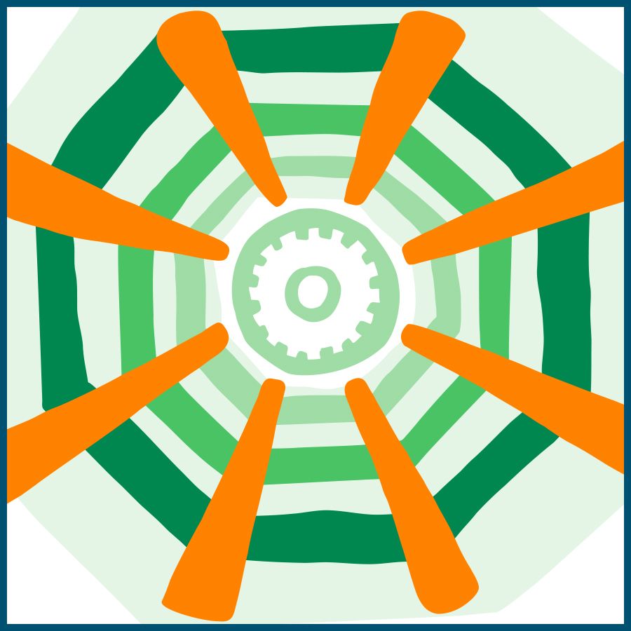 Abstract illustration featuring concentric green hexagonal rings radiating outward from a central white gear-like circle. Bright orange tapered shapes extend from the center toward the edges, creating a dynamic, sunburst effect.
