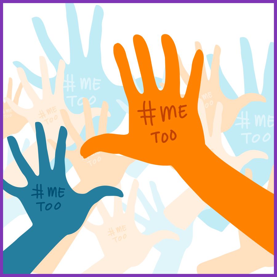 Illustration of multiple raised hands in shades of orange, blue, and beige. Each hand has the text “#MeToo” written on the palm, symbolizing the Me Too movement and solidarity against harassment and abuse.