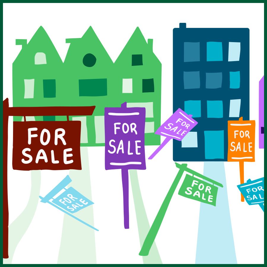 Illustration of multiple orange buildings in the background with numerous “For Sale” signs in the foreground. The signs are in different colors, including brown, purple, blue, green, and light blue, and are held up by beige-colored poles. The overall theme suggests a housing market with many properties for sale.