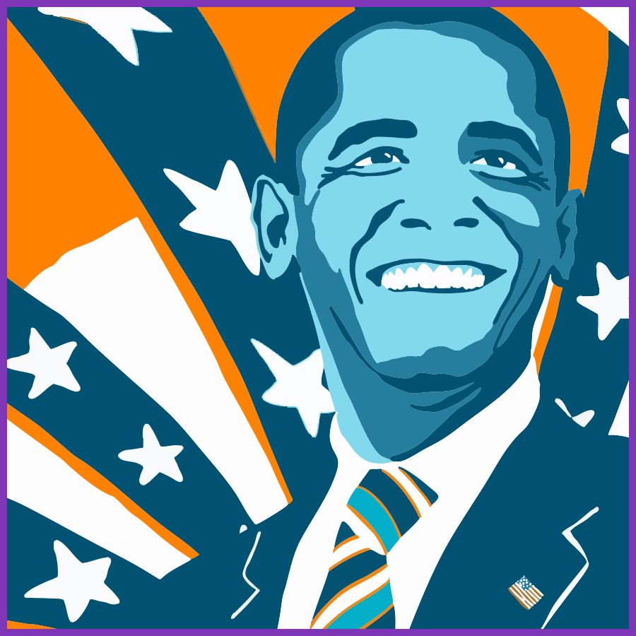 Stylized illustration of a Barack Obama, The background features bold orange and blue rays with white stars, creating a patriotic theme.